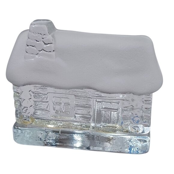 Nybro Sweden Log Cabin Tealight Candle Holder Frosted Winter Design 4x4x3 - Picture 2 of 7